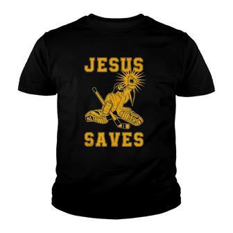 Mens Jesus Saves Ice Hockey Goalie Sport Religious Christian Youth T-shirt | Mazezy
