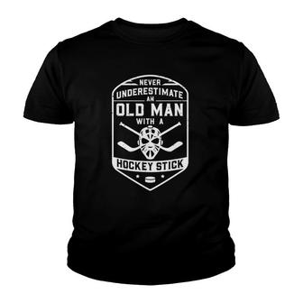 Mens Never Underestimate An Old Man With A Hockey Stick Youth T-shirt | Mazezy