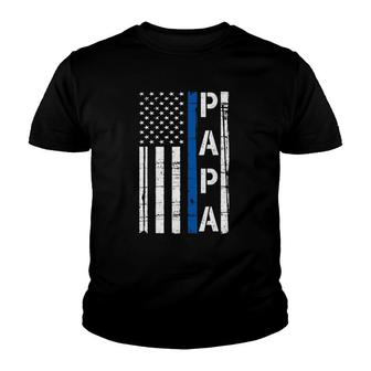 Mens Papa Thin Blue Line American Flag Police Dad Gift Youth T-shirt | Mazezy