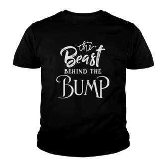 Mens Pregnancy Bump Gift Beast Behind The Bump Raglan Baseball Tee Youth T-shirt | Mazezy