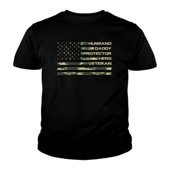Mens Veteran Husband Daddy Protector Hero Fathers Day Flag Youth T-shirt | Mazezy