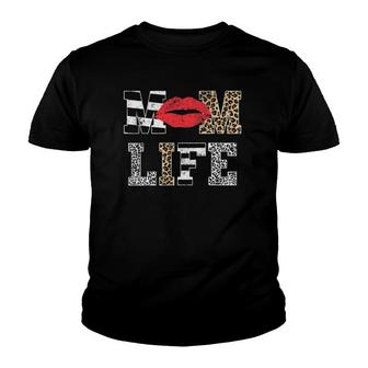 Mom Life Vintage Leopard Pattern Red Lips Mother's Day Youth T-shirt | Mazezy
