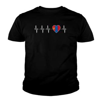 Mongolian Heartbeat Proud I Love Mongolia Flag Country Gift Premium Youth T-shirt | Mazezy