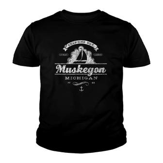 Muskegon Mi Sailboat Vintage Nautical Throwback Tee Youth T-shirt | Mazezy