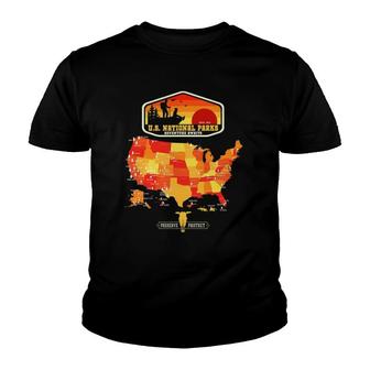 National Parks Map - Retro Us American Hiking Camping Youth T-shirt | Mazezy