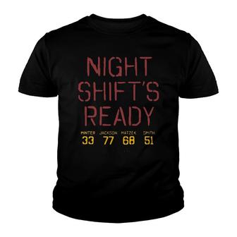 Night Shift's Ready Minter 33 Jackson 77 Matzek 68 Smith 51 Youth T-shirt | Mazezy