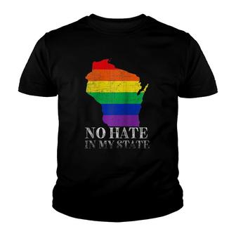 No Hate In My State Wisconsin Map Lgbt Pride Rainbow Gift Raglan Baseball Tee Youth T-shirt | Mazezy