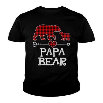 Papa Bear Christmas Pajama Red Plaid Buffalo Family Youth T-shirt | Mazezy