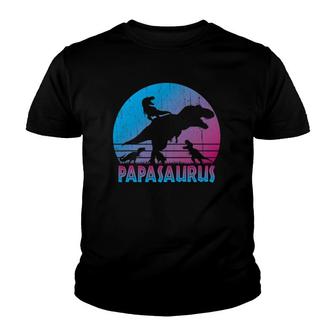 Papasaurus 3 Kids Vintage Retro Sunset Funny Gift For Dad Youth T-shirt | Mazezy