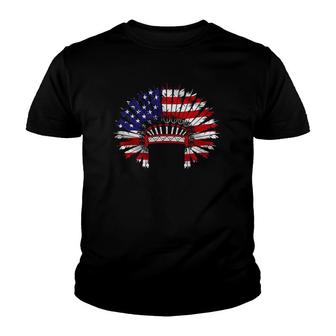 Patriotic Us Flag Indigenous Headdress Native American Youth T-shirt | Mazezy