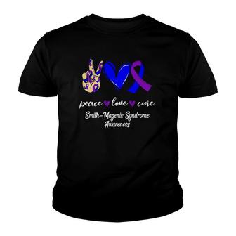 Peace Love Cure Purple & Blue Ribbon Smith-Magenis Syndrome Youth T-shirt | Mazezy
