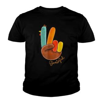 Peace Love Turkey Grateful Turkey Hand Sign Thanksgiving Fun Youth T-shirt | Mazezy