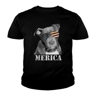 Pitbull Funny Merica Patriotic Dog 4Th July Usa Flag Shades Youth T-shirt | Mazezy