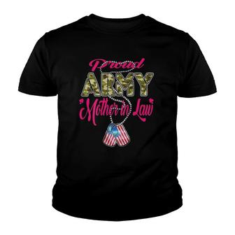 Proud Army Mother In Law American Flag Dog Tag Military Family Youth T-shirt | Mazezy