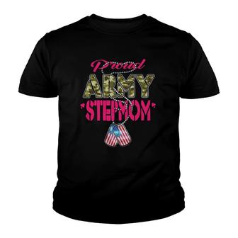Proud Army Stepmom Us Flag Dog Tag Patriotic Military Mother Youth T-shirt | Mazezy