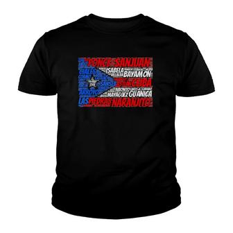 Puerto Rican Flag With Towns And Cities Of Puerto Rico Gift Youth T-shirt | Mazezy