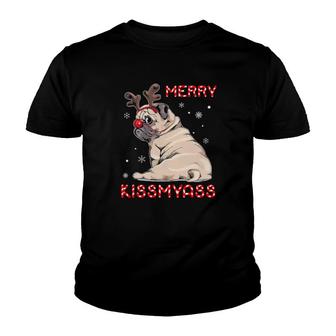 Pug Reindeer Merry Kissmyass Merry Christmas Youth T-shirt | Mazezy