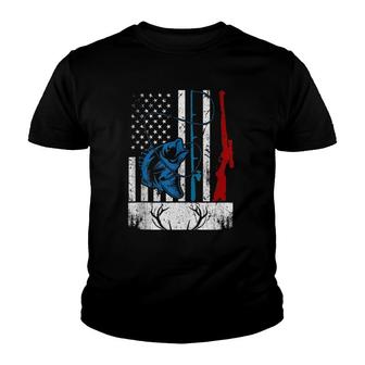 Retro Fishing And Hunting American Flag Deer Fish Lover Gift Youth T-shirt | Mazezy