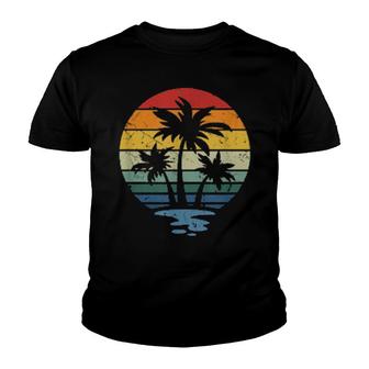 Retro Palm Trees Tropical Island Sunset Beach Distressed Art Youth T-shirt | Mazezy