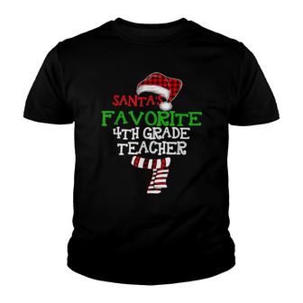 Santa's Favorite 4Th Grade Teacher Xmas Santa Red Plaid Youth T-shirt | Mazezy