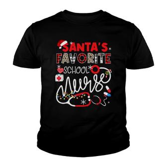 Santa's Favorite School Nurse Xmas Lights Leopard Plaid Youth T-shirt | Mazezy