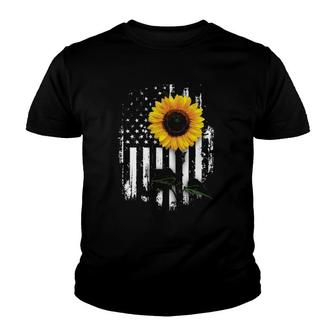 Sassy Cute Yellow Sunflower White American Flag Youth T-shirt | Mazezy