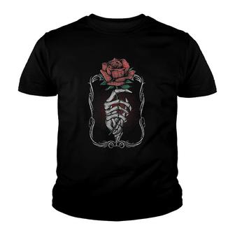 Skeleton Hand Rose Red Flower Gothic Tattoo Skull Occult Youth T-shirt | Mazezy