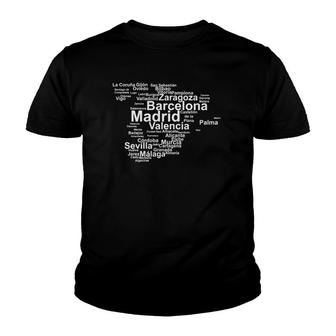 Spain Map Silhouette Towns Cities Madrid Travel Espana Youth T-shirt | Mazezy