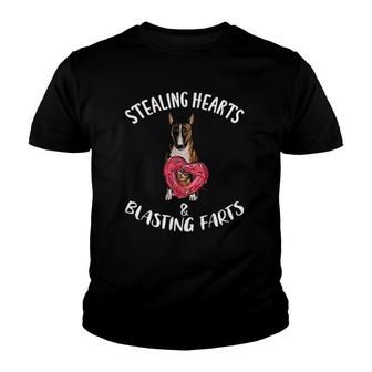 Stealing Hearts Blasting Farts Miniature Bull Terrier Dog Youth T-shirt | Mazezy