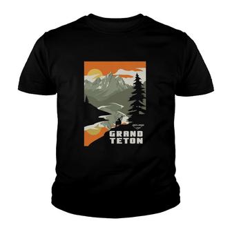 Vintage American Wyoming Grand Teton Travel Poster Gift Youth T-shirt | Mazezy