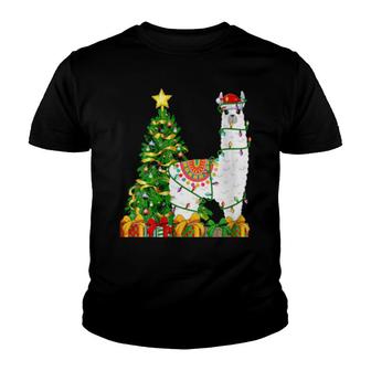 Womens Alpaca Lighting Xmas Tree Matching Alpaca Christmas Youth T-shirt | Mazezy