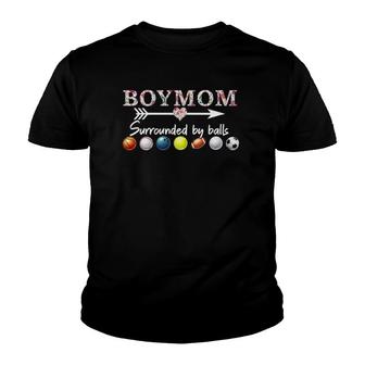 Womens Boy Mom Surrounded By Balls Gift For Women Mother's Day V-Neck Youth T-shirt | Mazezy
