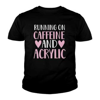 Womens Caffeine And Acrylic Funny Nail Technician Tech Gift Apparel V-Neck Youth T-shirt | Mazezy