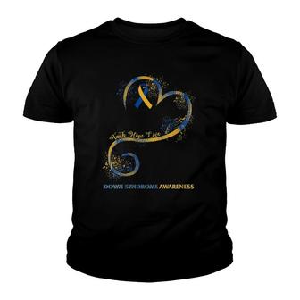 Womens Down Syndrome Mom Awareness Love Yellow Blue Ribbon Mother V-Neck Youth T-shirt | Mazezy