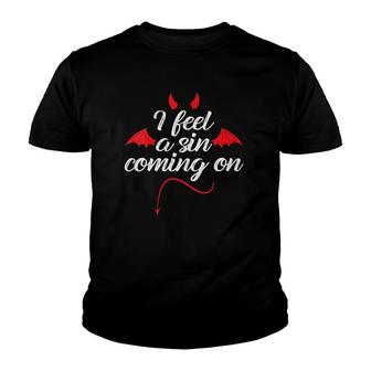 Womens I Feel A Sin Coming On Halloween Devil Horns And Tail Lover V-Neck Youth T-shirt | Mazezy