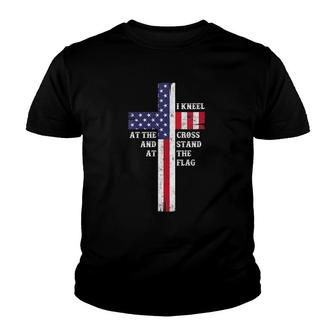 Womens I Kneel At The Cross And Stand At The Flag Men Women V-Neck Youth T-shirt | Mazezy