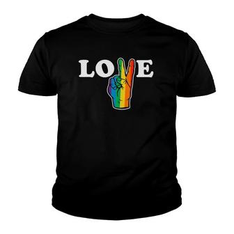 Womens Love Peace Sign Rainbow Lgbt Lesbian Gay Pride V-Sign Youth T-shirt | Mazezy