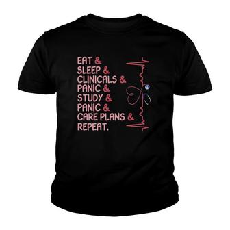 Womens Nurse Eat Sleep Clinicals Panic Study Care Plans Repeat Youth T-shirt | Mazezy