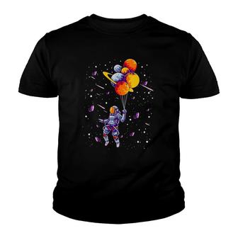 Womens Outer Space Lovers Gift Spaceman Flying Holding Planets Trip Youth T-shirt | Mazezy