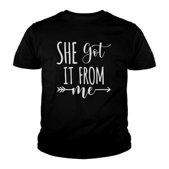 Womens She Got It From Me Funny Matching Family Mother Daughter V-Neck Youth T-shirt | Mazezy