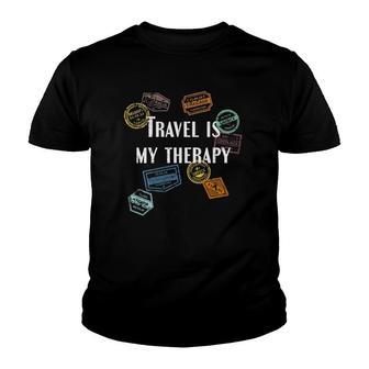 Womens Travel Is My Therapy Distressed World Traveler Passport V-Neck Youth T-shirt | Mazezy