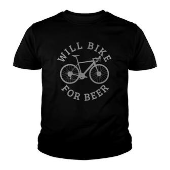 Womens Will Bike For Beer Funny Cycling Road Bicycle Cyclist Gift V-Neck Youth T-shirt | Mazezy
