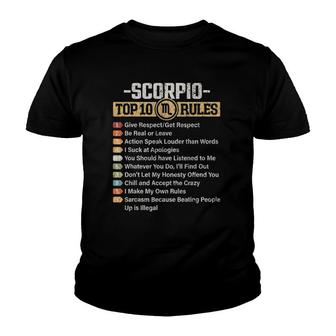 Zodiac Sign Funny Top 10 Rules Of Scorpio Graphic Youth T-shirt | Mazezy