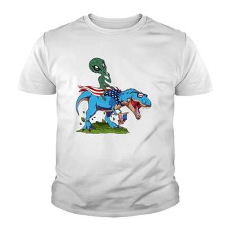 Alien Riding Dinosaur Usa Flag 4Th Of July America Youth T-shirt | Mazezy