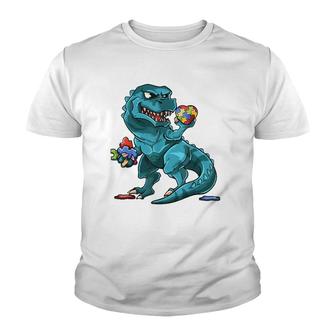 Autism Awareness Dinosaur Teerex Heart Puzzle Pieces Youth T-shirt | Mazezy