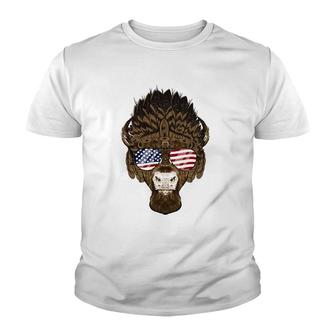 Bison Buffalo Wearing Usa Sunglasses American Flag Patriotic Youth T-shirt | Mazezy