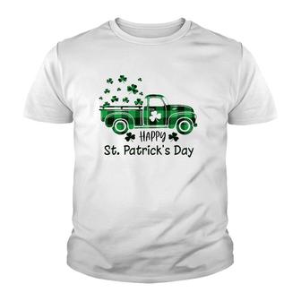 Buffalo Plaid Shamrock Vintage Truck Happy St Patrick's Day Youth T-shirt | Mazezy
