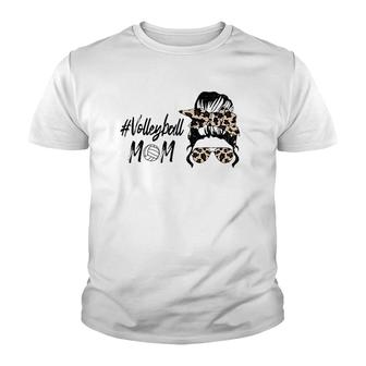 Cute Mother's Day Volleyball Mom Leopard Print Messy Bun Youth T-shirt | Mazezy