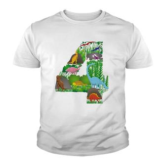 Dinosaurs Jungle Scene Fourth Birthday Number Four Youth T-shirt | Mazezy