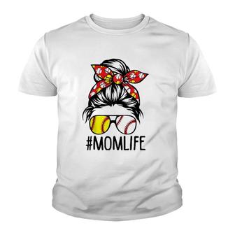 Dy Mom Life Softball Baseball Mothers Day Messy Bun Raglan Baseball Tee Youth T-shirt | Mazezy